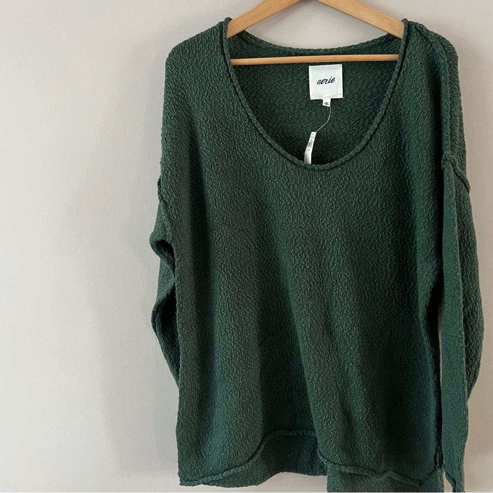 aerie Dark Green Scoop Neck Textured Sweater